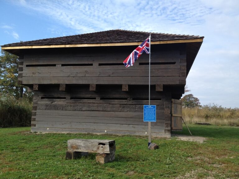 <p>The Boblo Island Blockhouse with a raised Union Jack flag.</p>