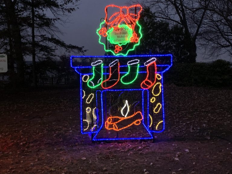 <p>Blue wreath LED display at River lights</p>