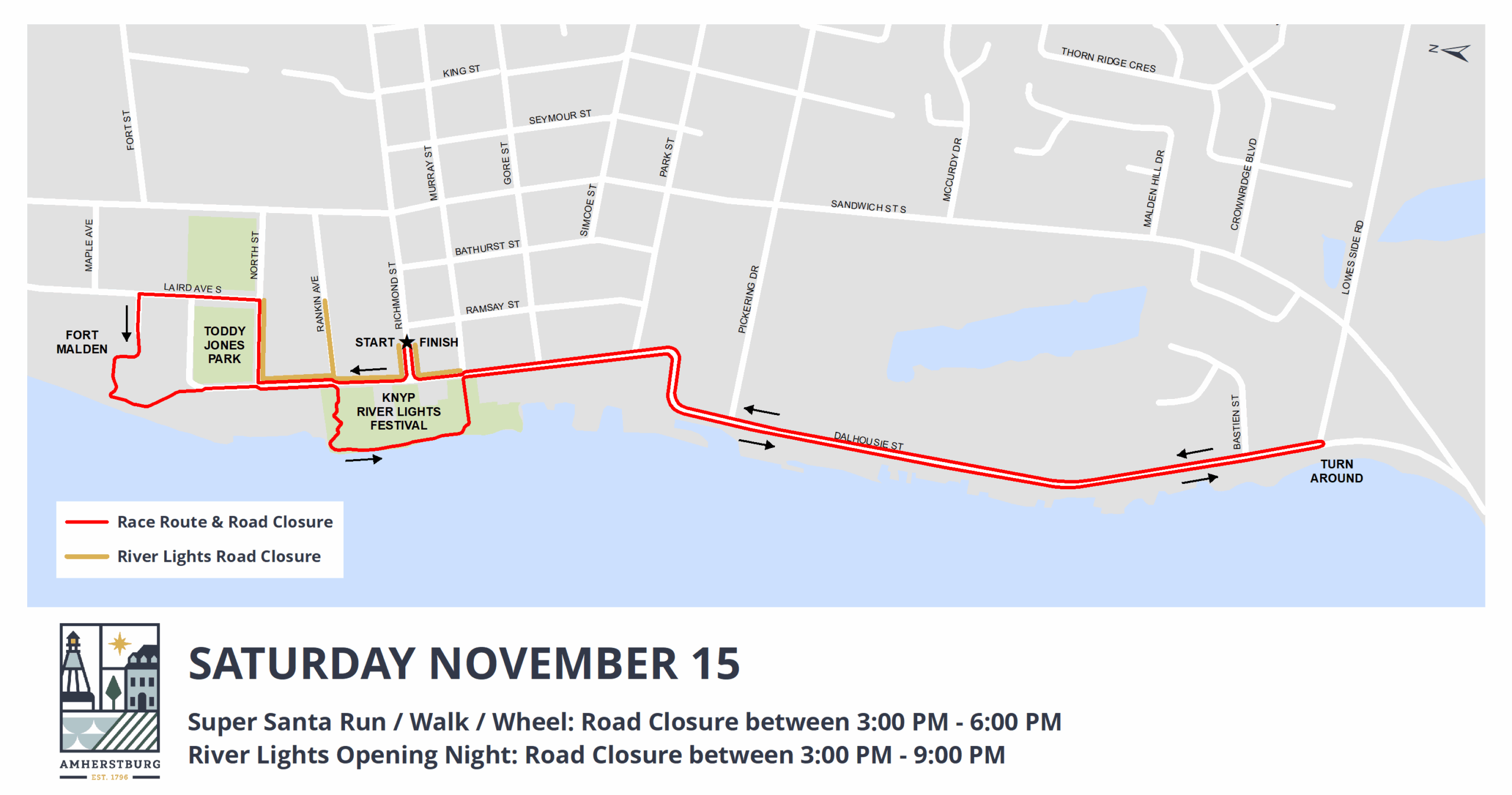 River Lights Opening Night map showing the 5K race map and the road closures in downtown Amherstburg