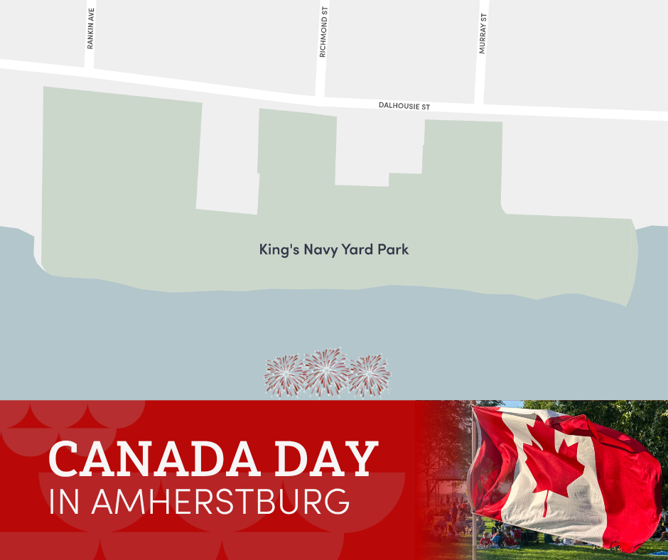 An aerial map of King's Navy Yard Park showing the fireworks display location in the Detroit River, central to the park off shore