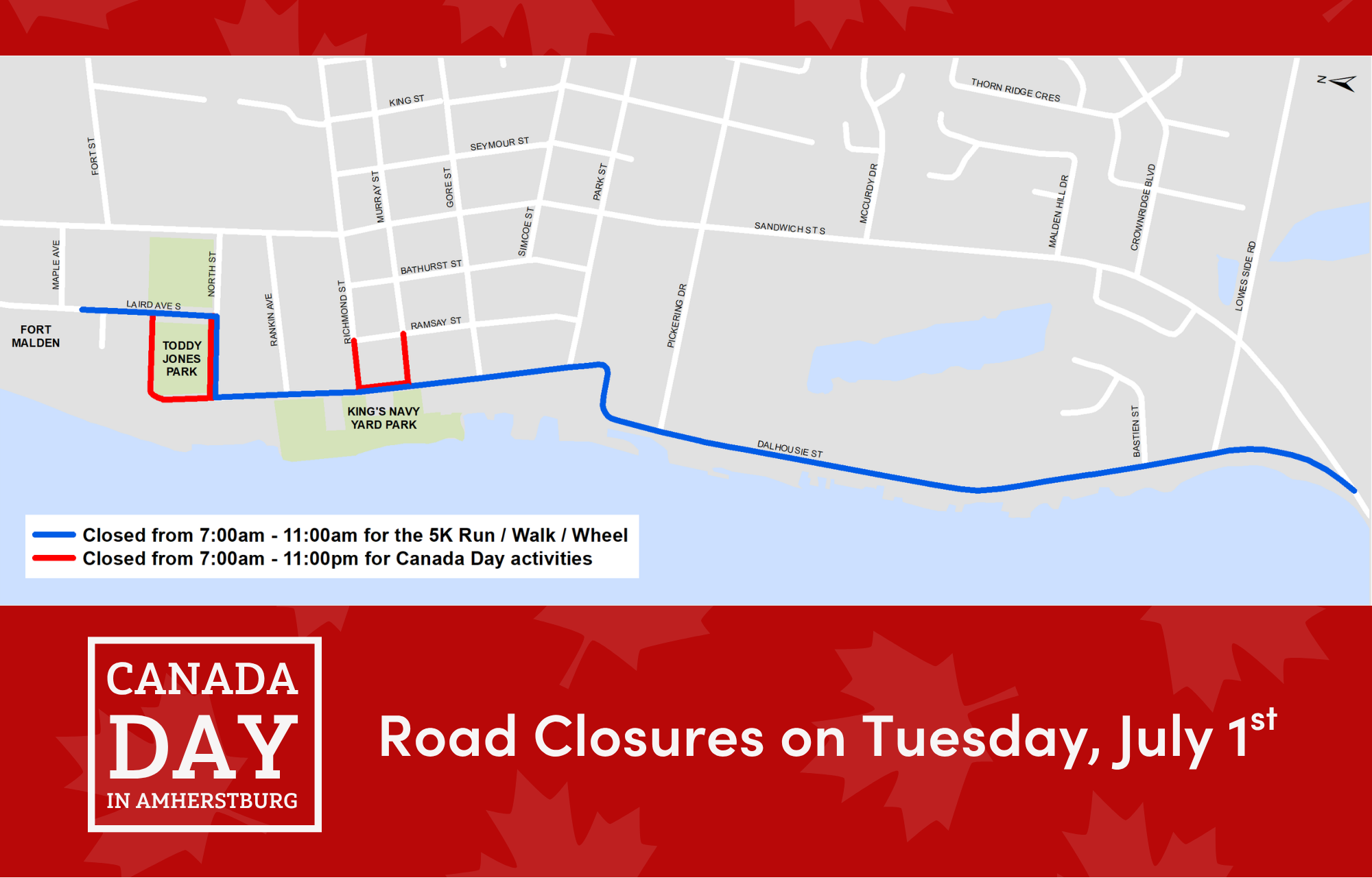 This map showcases Amherstburg Ontario roads and the closures that take place on Tuesday, July 1 2025. Road closures indicated in blue run from 7:00am to 11:00am and road closures indicated in red are from 7:00am to 11:00pm