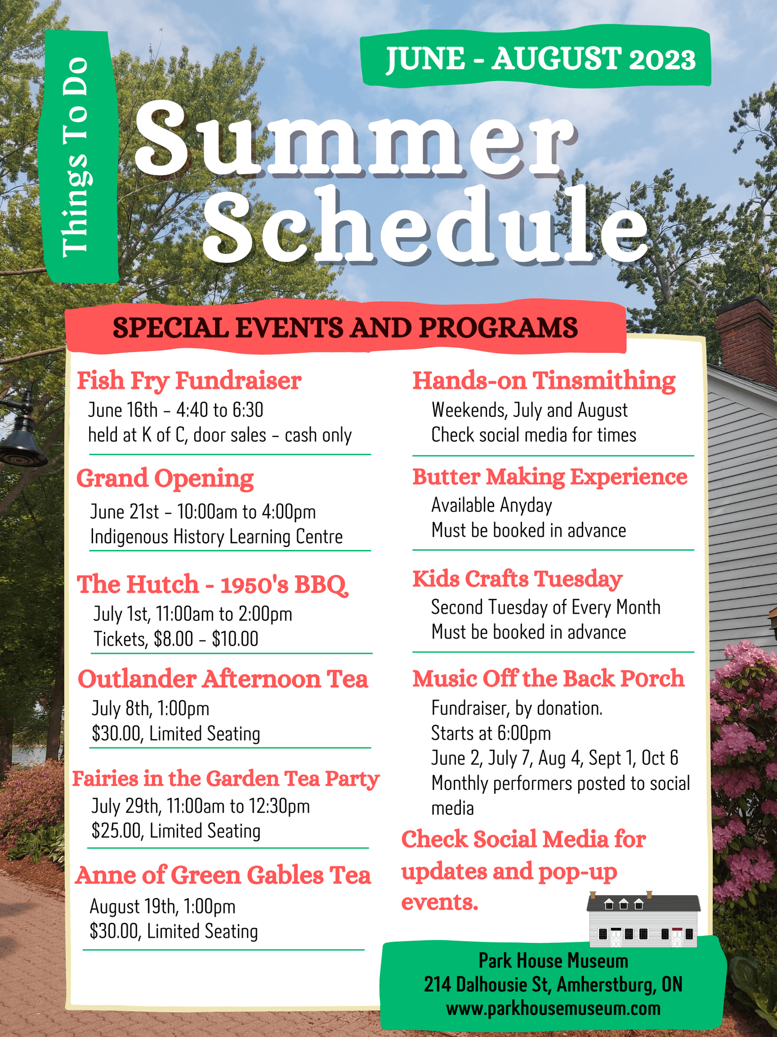The Park House Museum 2023 Summer Schedule of special events and programs.