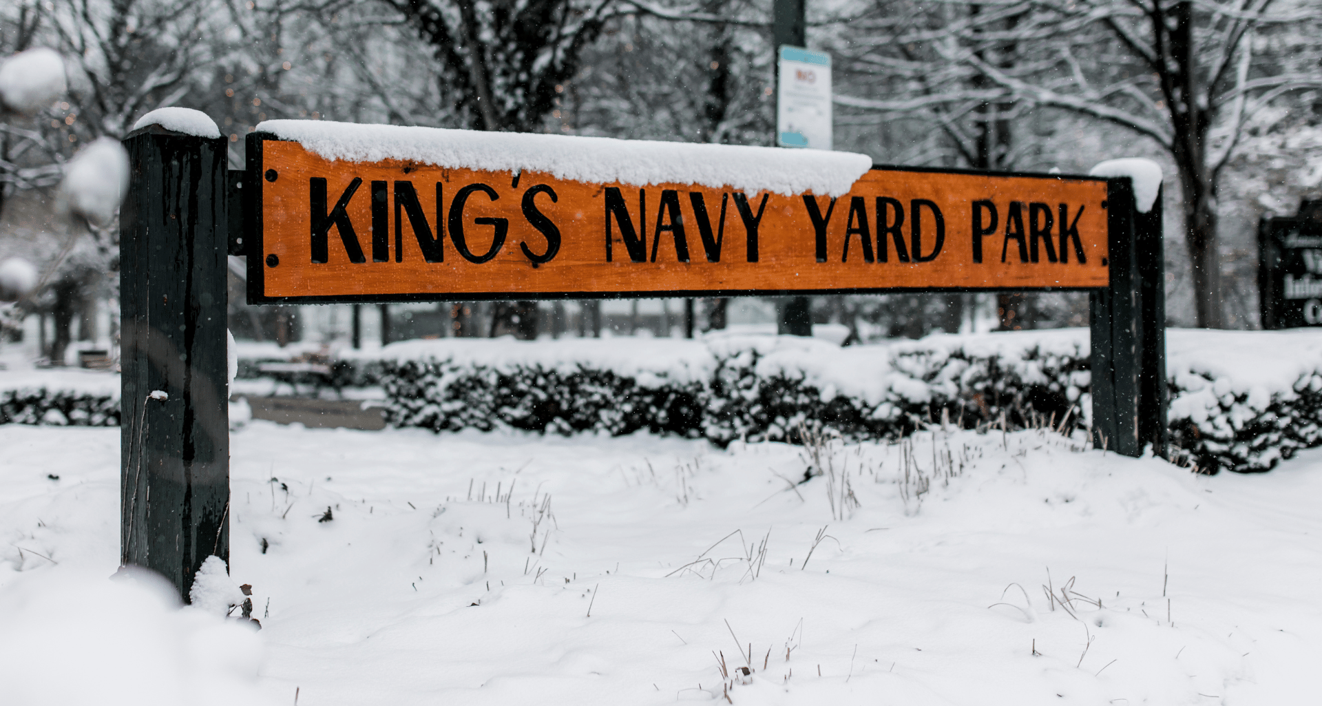 King's Navy Yard Park sign covered in snow