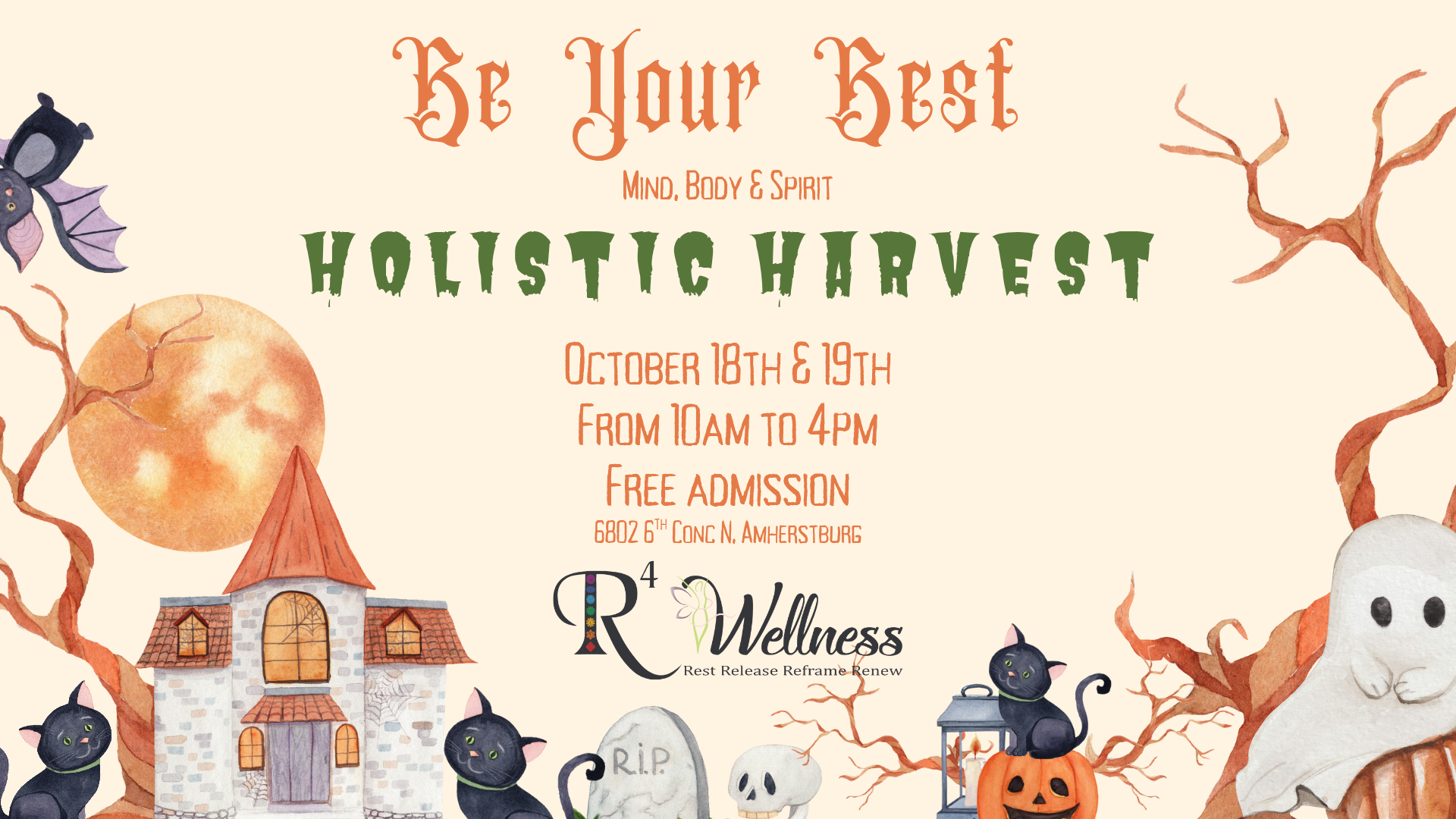 Be Your Best Mind, Body & Spirit Holistic Harvest event October 18 and 19 from 10am to 4pm. Free admission. Located at 6802 6th Concession North in Amherstburg. Event by R4 Wellness, rest release, reframe and renew