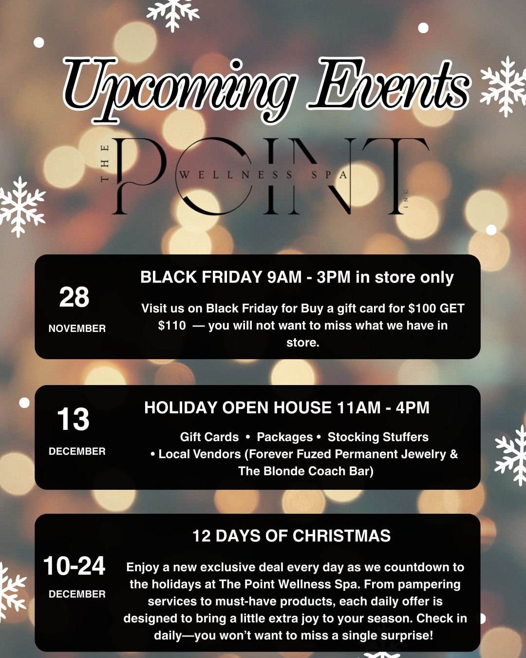 Upcoming events at the Point Wellness spa including the Santa Claus Parade, a holiday Open House and Black Friday