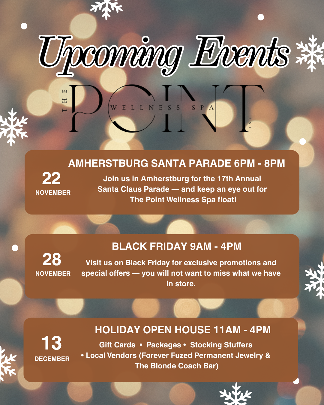 Upcoming events at the Point Wellness spa including the Santa Claus Parade, a holiday Open House and Black Friday