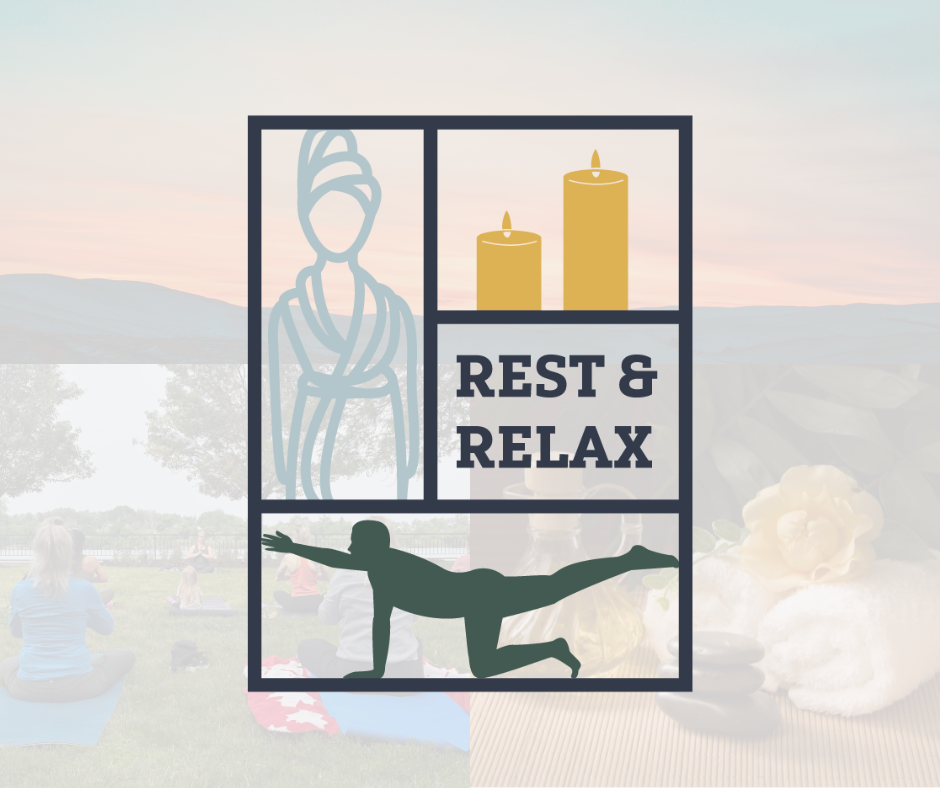 Rest and relax weekend logo featuring candles, yoga and a robe