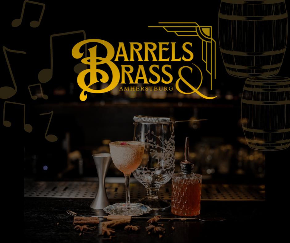 Barrels & Brass with an image of a cocktail being made