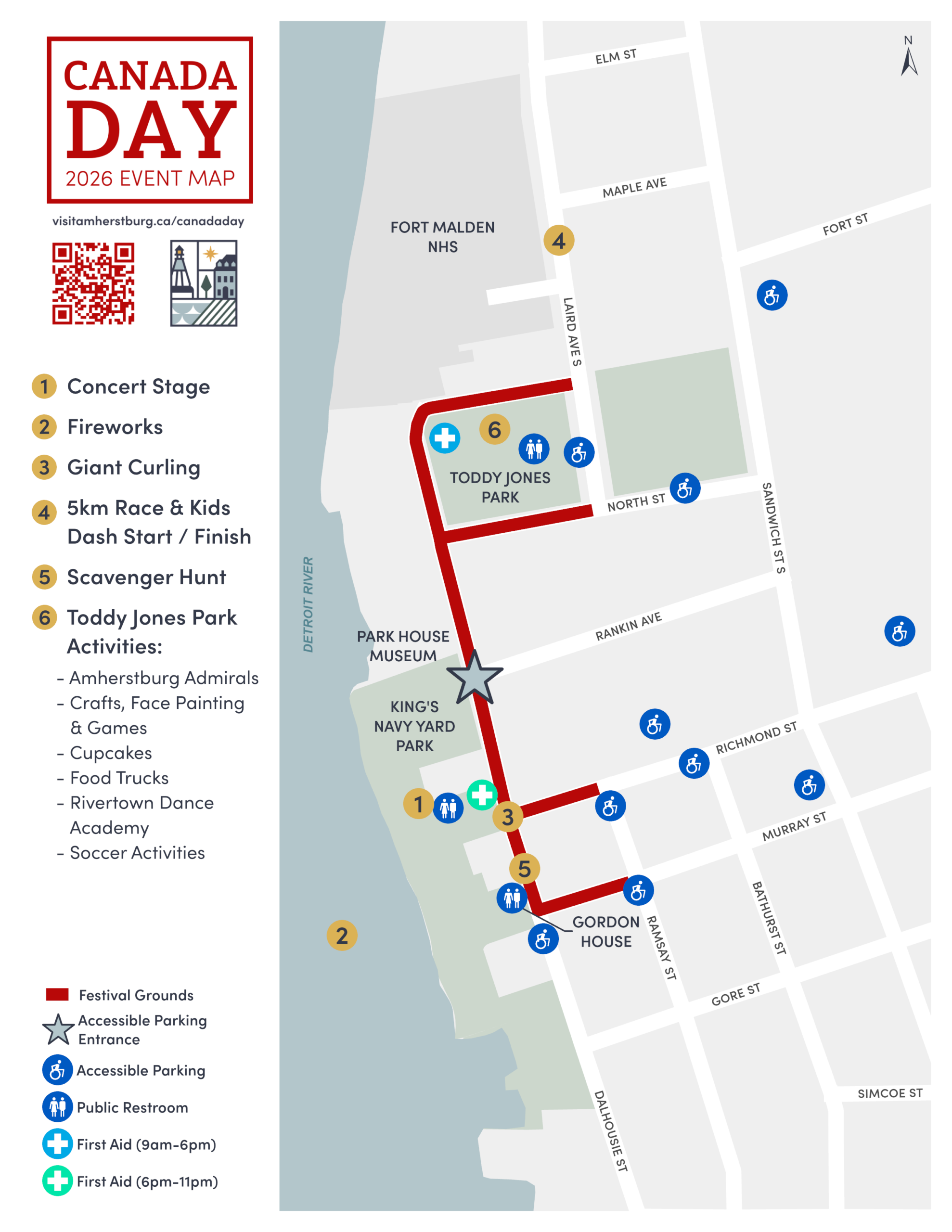 Map showing downtown Amherstburg festival grounds with an accessible parking entrance and Rankin Avenue and Dalhousie Street