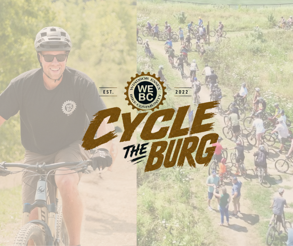 Cycle the Burg with pictures of people on bicycles riding a trail