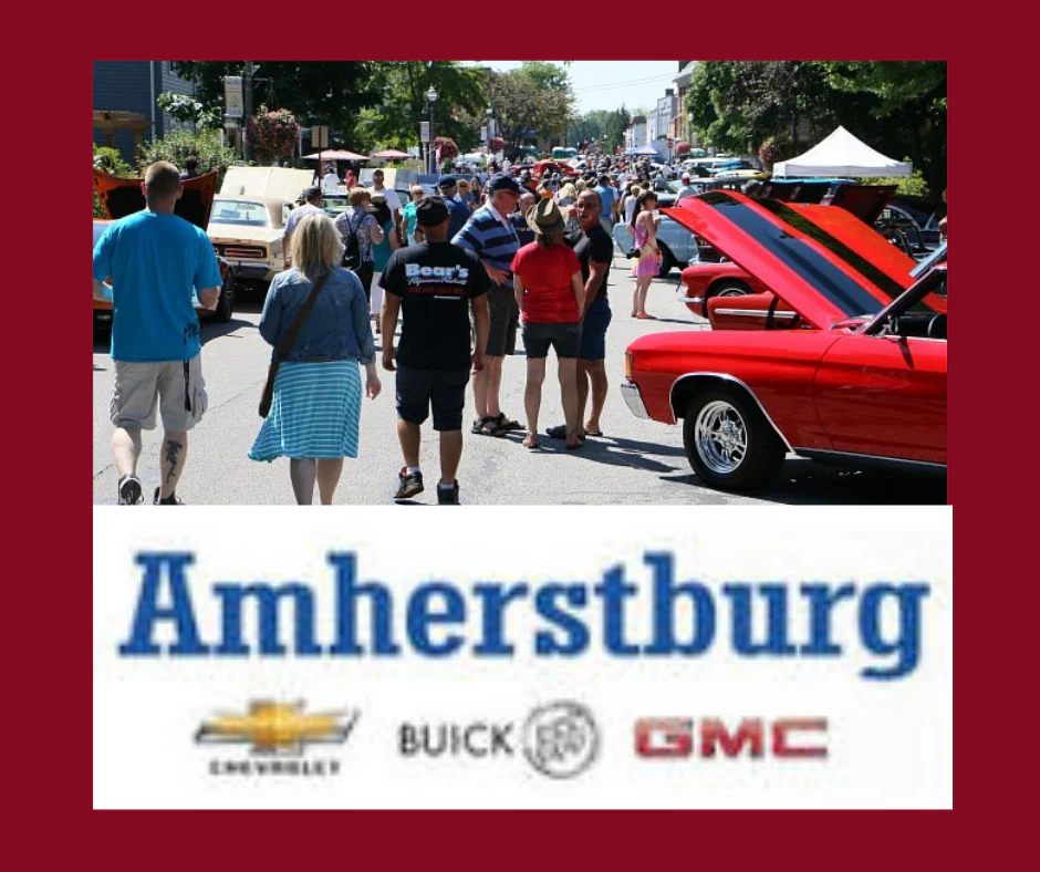 Amherstburg Chevrolet Buick GMC logo with people looking at classic cars