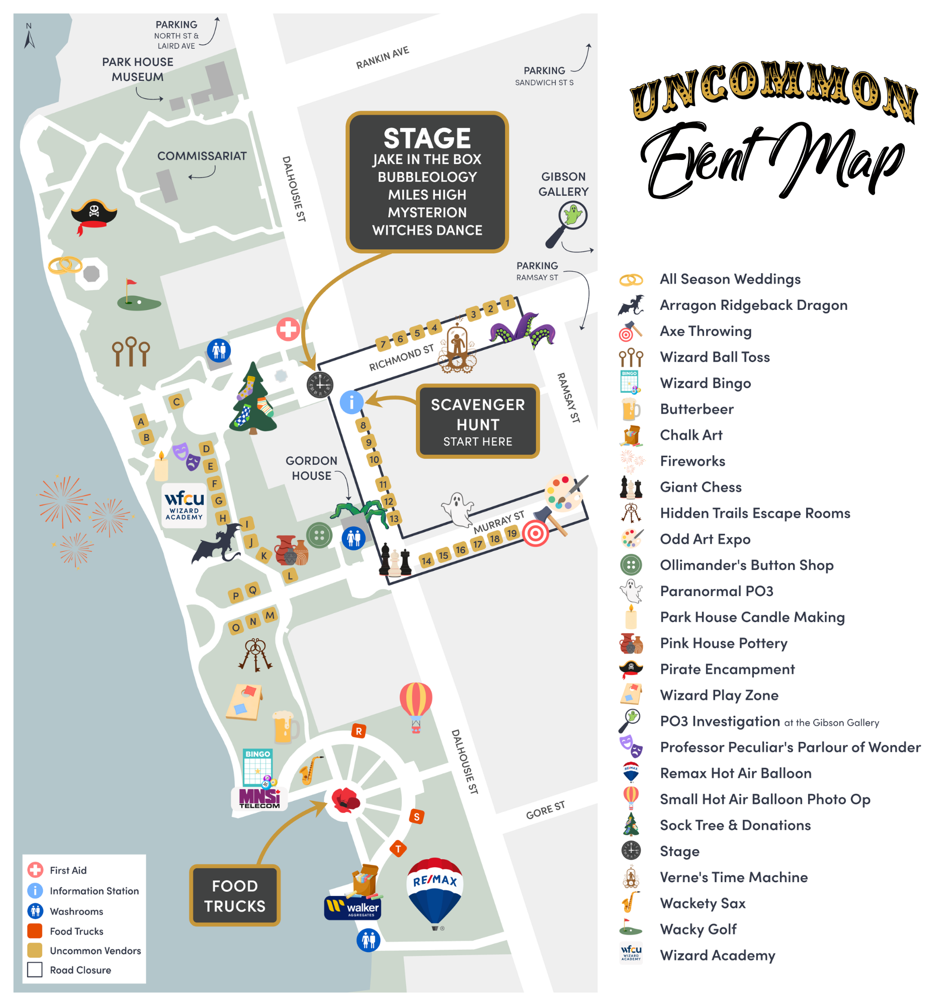 Map of downtown Amherstburg showing locations of all activities, entertainment and vendors at the 2026 Amherstburg Uncommon Festival